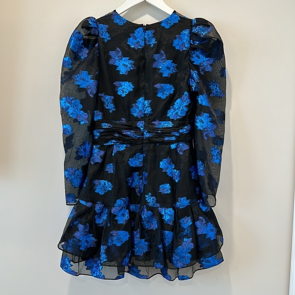 Zara Black Tiered Ruffle Organza Blue Floral Long Sleeve Mini Dress Size Small - Picture 4 of 11